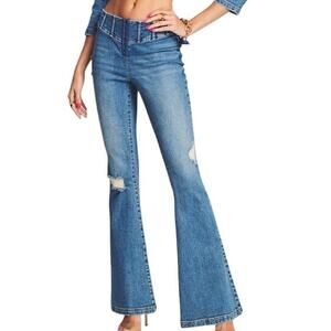 Retrofete Distressed Corset Style Hook Closure Mid Rise Super Flare Estela Jeans